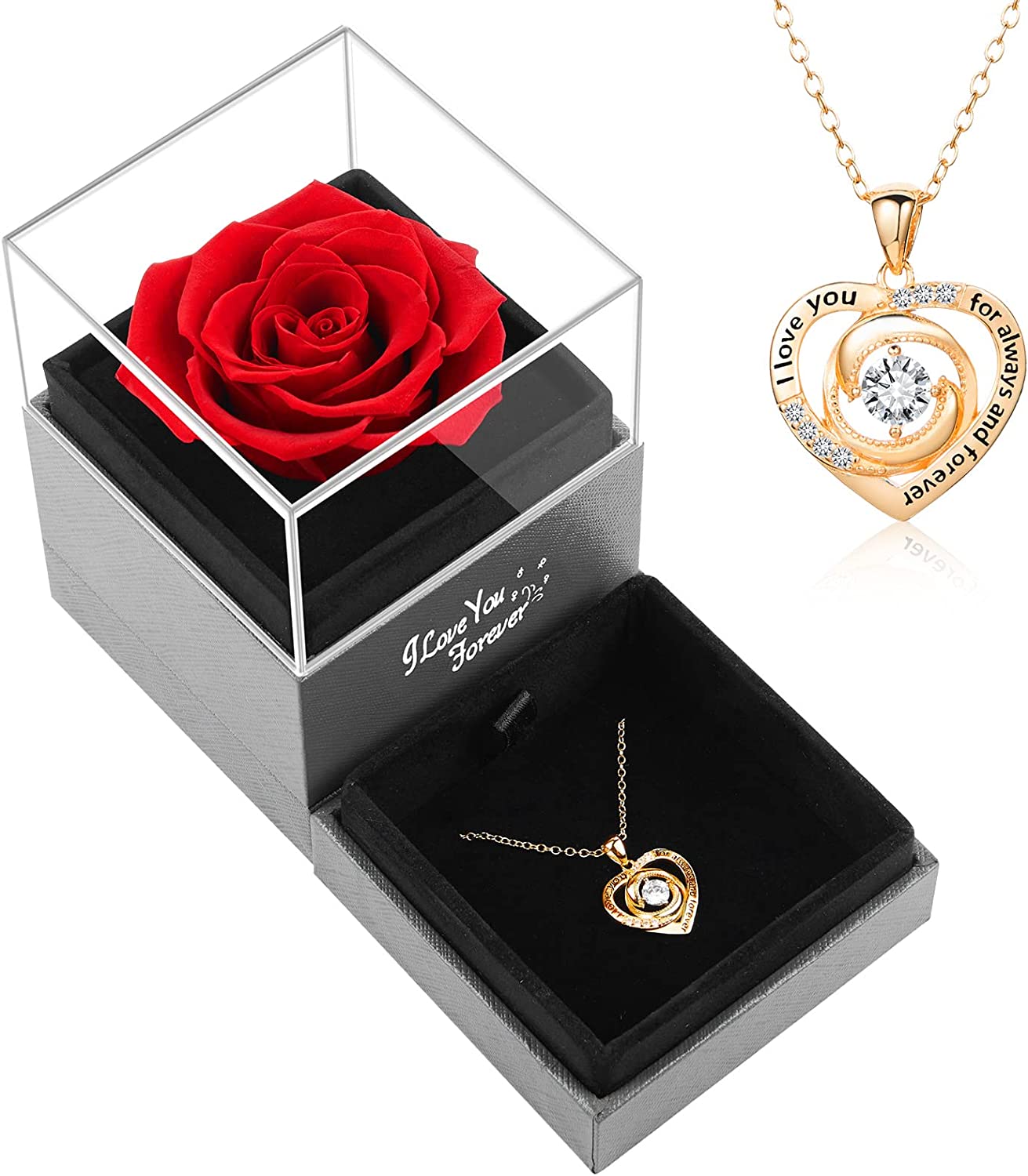 Preserved Red Real Rose with Heart Necklace
