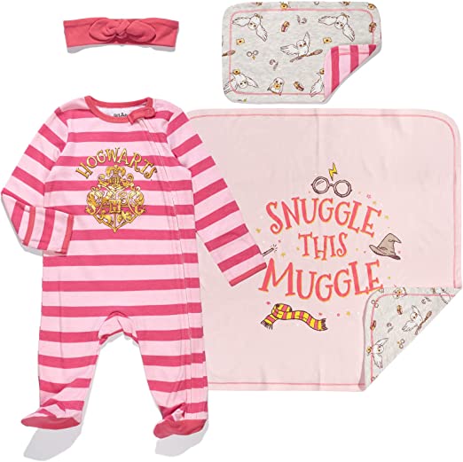 Baby girl shower gift Bib Blanket and Burp Cloth 4 Piece Outfit Set
