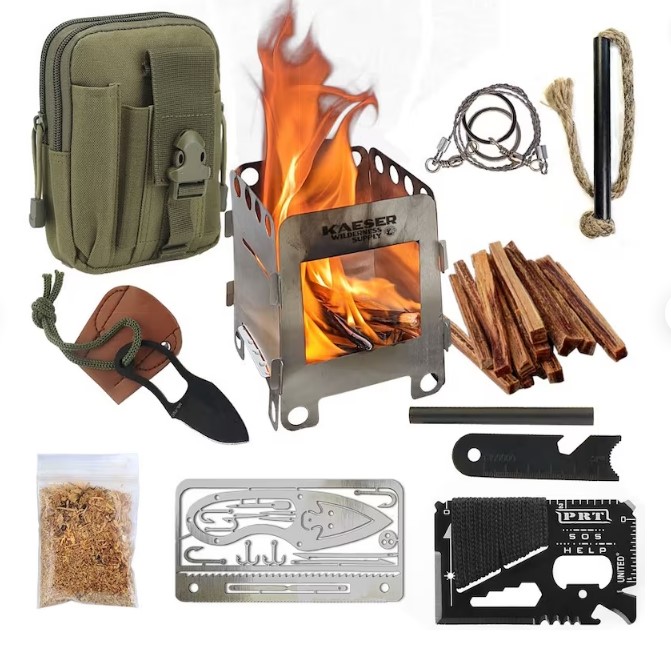 Backpacking Wood Burning Camp Stove Fatwood Ferro Rod Knife Survival Emergency