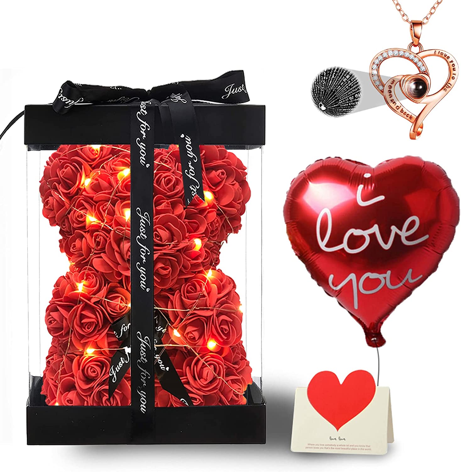Flower Bear Rose Teddy Bear with Box Light Necklace Balloon Card