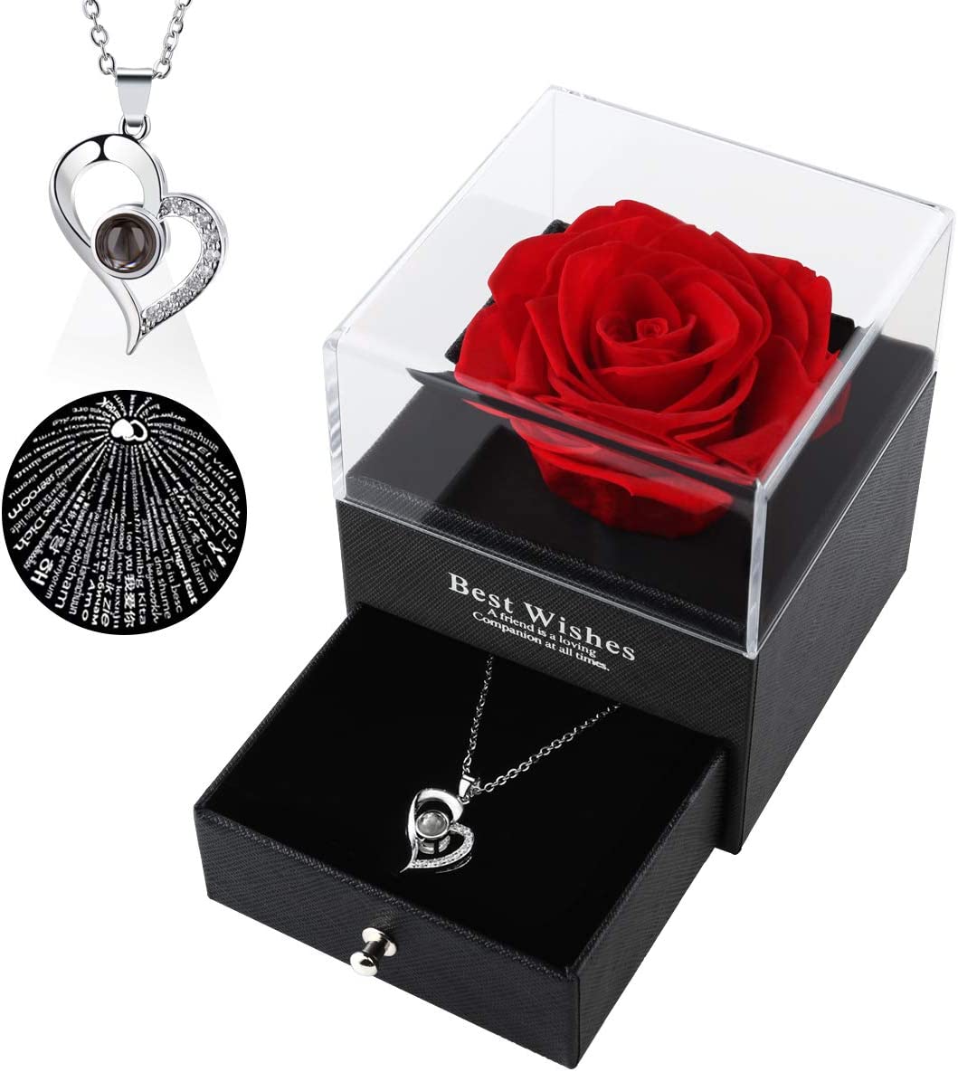 Preserved Fresh Real Red Rose That Lasts Forever Gift Box with Necklace 
