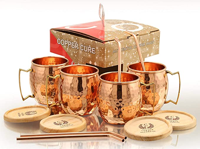 Pure Copper Hammered Mugs with Copper Straws & Wooden Coasters 