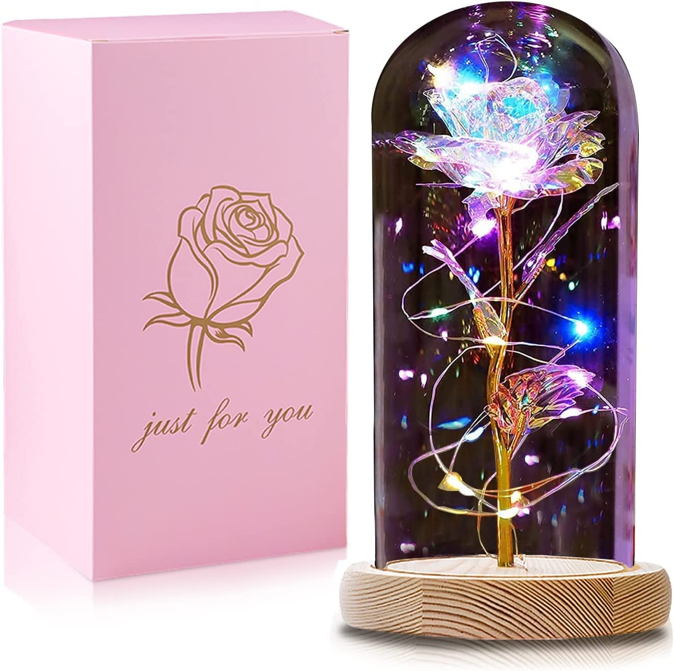 Rainbow Galaxy Glass Rose Flower in A Glass Dome 