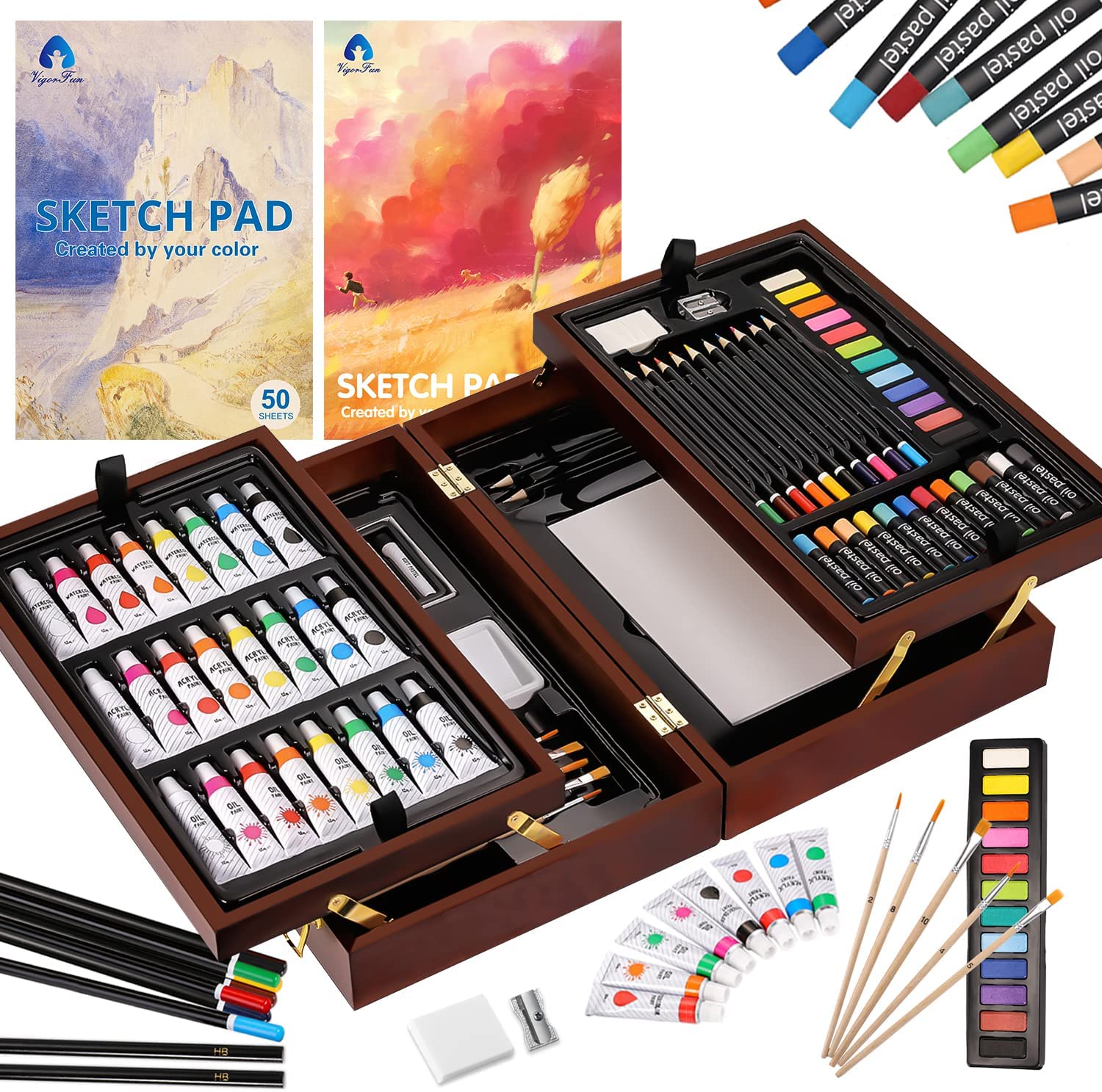 Art Set in Wooden Case with 2 Sketch Pads
