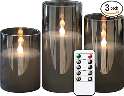GenSwin Gray Glass Battery Operated Flameless Led Candles with 10-Key Remote and Timer
