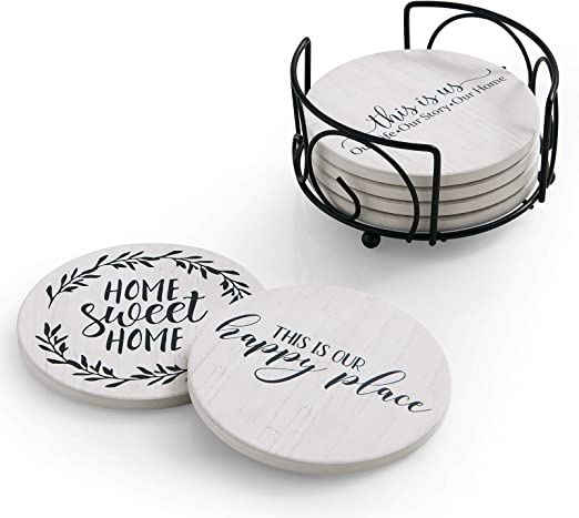 Hoomey Coasters for Drinks, Set of 6 Absorbent Drink Coasters with Holder
