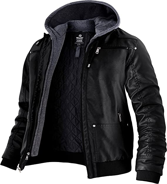 Men's Faux Leather Jacket with Removable Hood Motorcycle Jacket Casual Warm Winter Coat