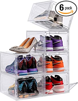 Pack of 6 Stackable Clear Plastic Shoe Organizer Containers for Closet