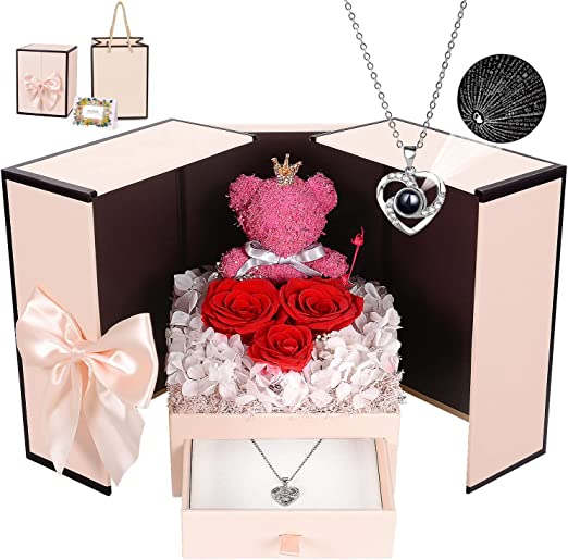 Preserved Rose Moss Bear with 100 I Love You Necklace
