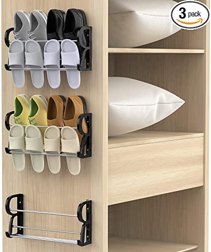Wall Mounted Shoes Rack 3Pack/Can Store 6Pairs Sneakers and 6Pairs Slide Sandal, with Sticky Hanging Mounts, Shoes Holder Storage Organizer Shelf, Door Shoe Hangers