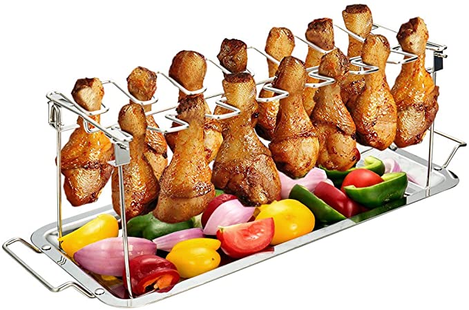 14 Slots Stainless Steel Metal Roaster Stand with Drip Tray for Smoker Grill
