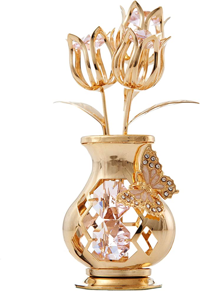  24K Gold Plated Studded Flower Ornament in a Vase with Decorative Butterfly
