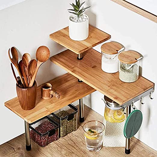 3 Tier Corner Shelf Bamboo & Metal Storage Spice Rack-Desk
