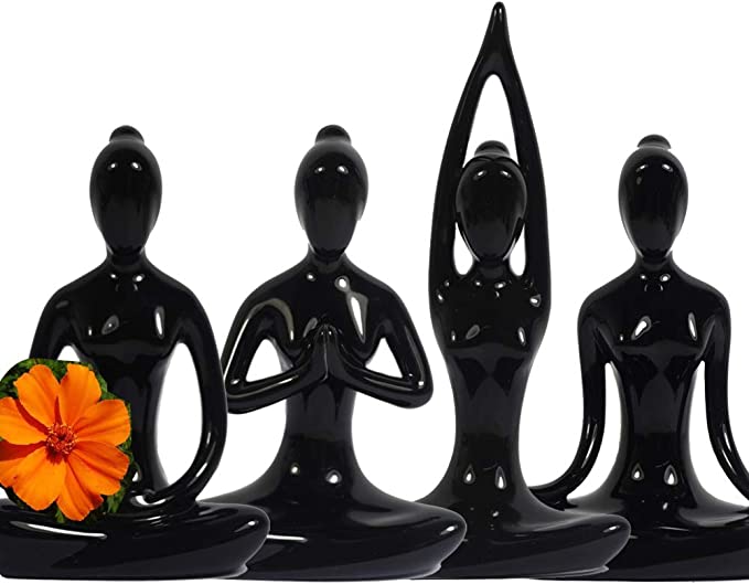 4.25" Black Set of 4 Home Decorative Porcelain Ceramic Yoga Pose Yoga Figurine Statue
