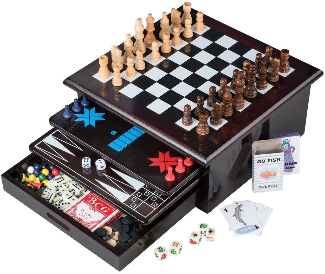 Board Game Set - Deluxe 15 in-1 Tabletop Wood-accented Game Center with Storage Drawer Thank you Gifts for family