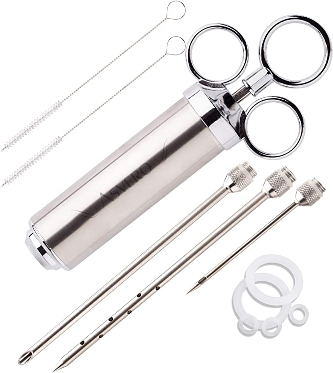 Meat Injector Kit Stainless Steel Food Syringe & 3 Marinades Needles for bbq