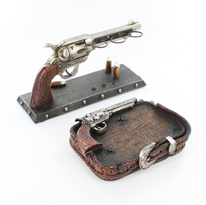 Six Shooter Belt Buckle Bathroom Set - Toothbrush Holder & Soap Dish Western Pistol Gun Decor