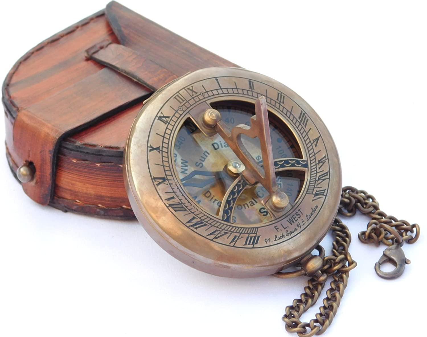 Sundial Compass with Leather Case and Chain 