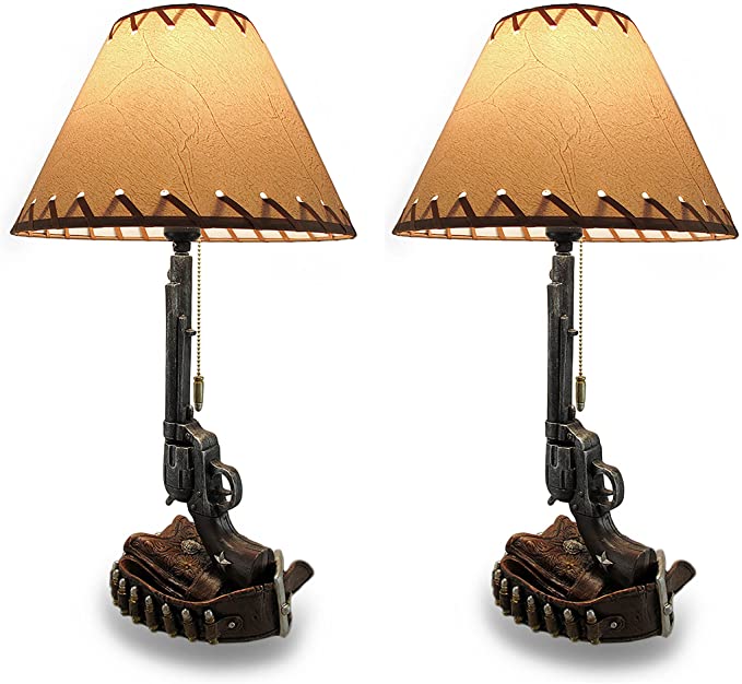 Zeckos Set of 2 Old West Six Shooter Revolver and Holster Table Lamps