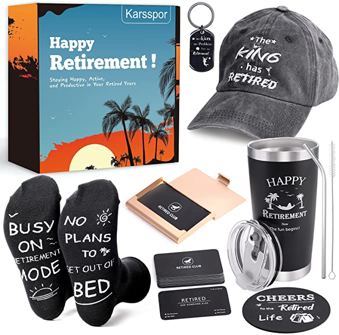  Retirement Gift With Insulated Tumbler, Baseball Cap, Socks, Funny Business Cards, Leather Coaster, Key Chain, Great Retirement